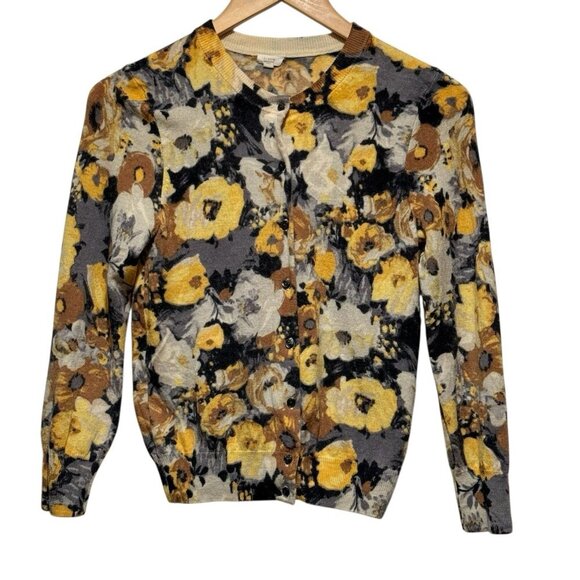 J. Crew Merino Wool Yellow & Camel Floral Lightweight Cardigan Sweater Womens XS - Picture 2 of 9